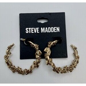 Steve Madden Antique Gold Metal Rosebud Flower Hoop Earrings New